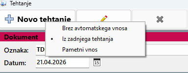 Meni za izbiro načina vnosa tehtanja