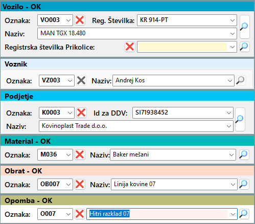 Vnos podatkov iz šifrantov na tehtalni list
